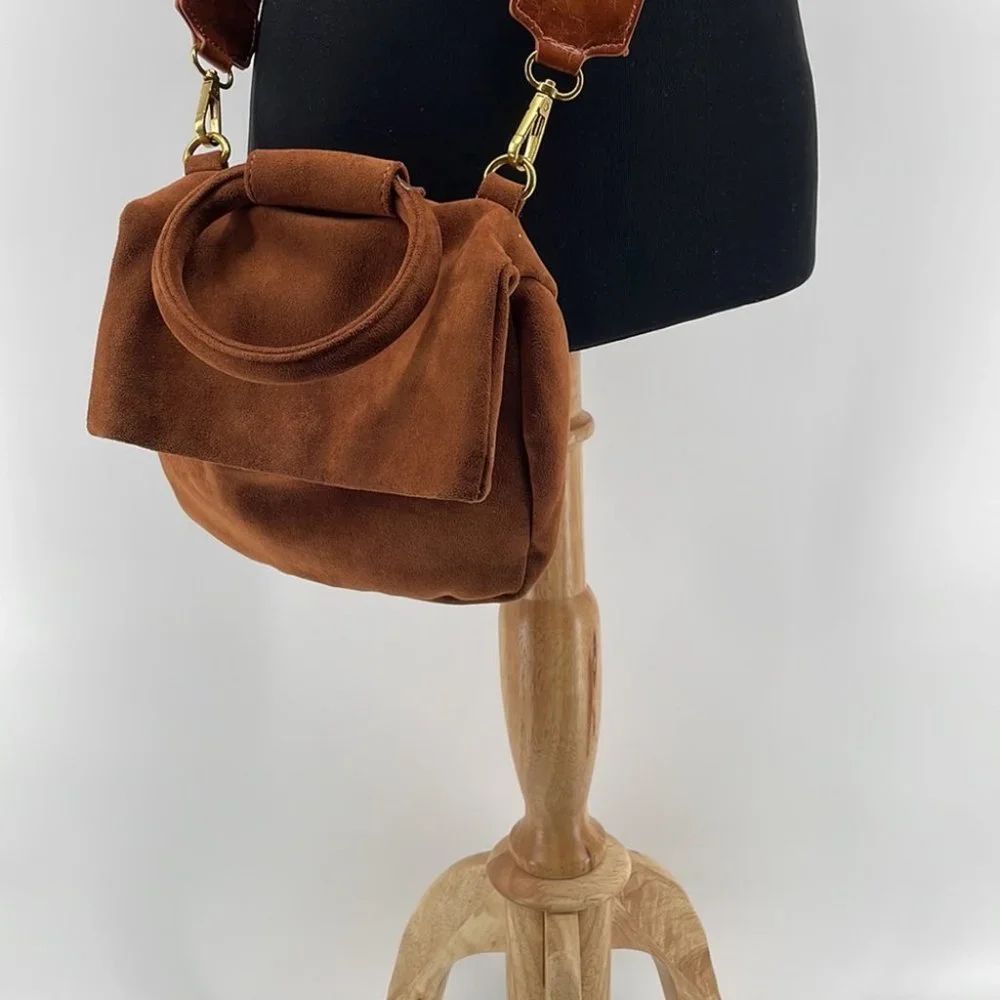 Anthropologie Cocoa Blake Wide Strap faux Suede Leather Crossbody Bag brown - Picture 3 of 13
